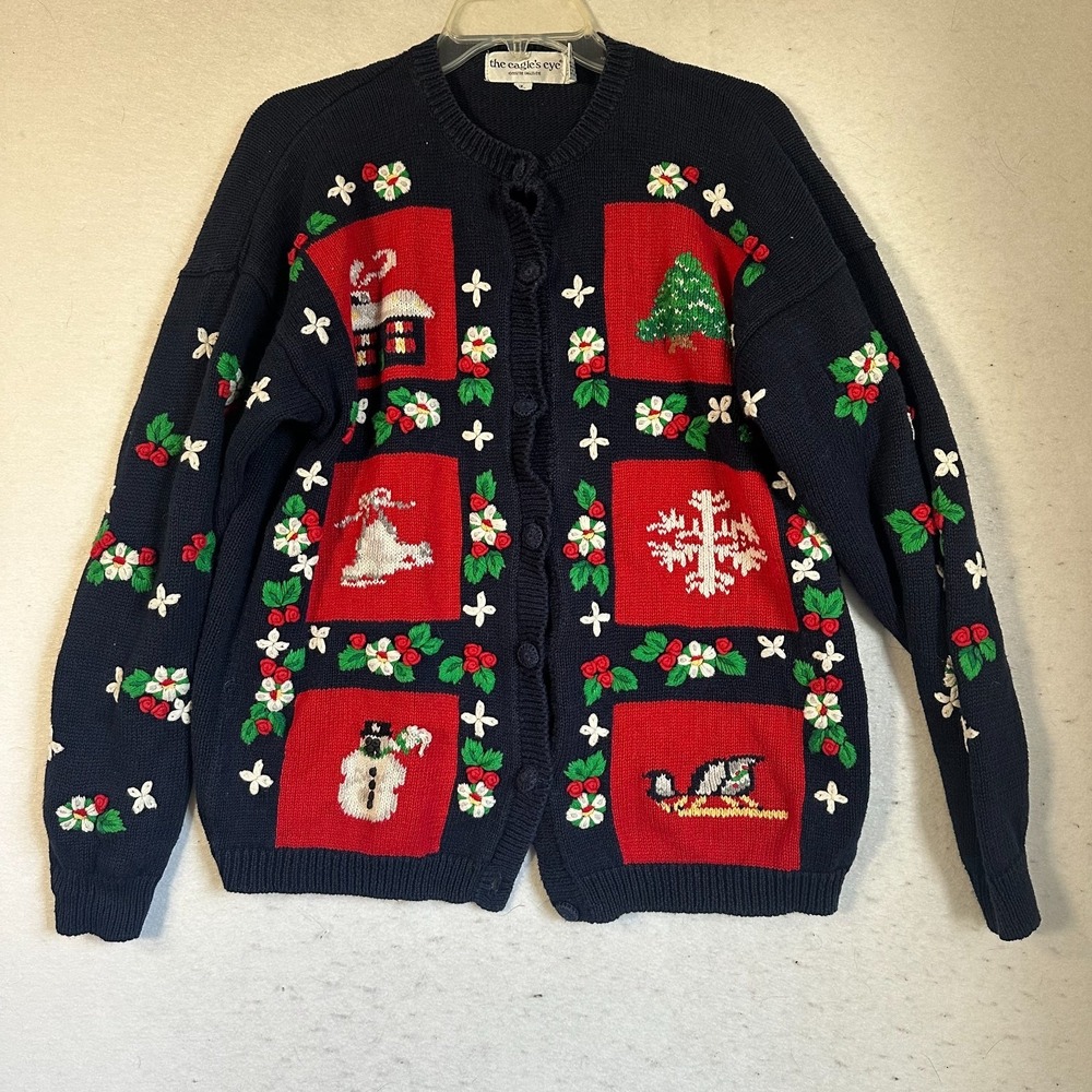 Vtg The Eagles Eye Womens Knit Christmas Cardigan Sweater Holiday Red Blue Sz L